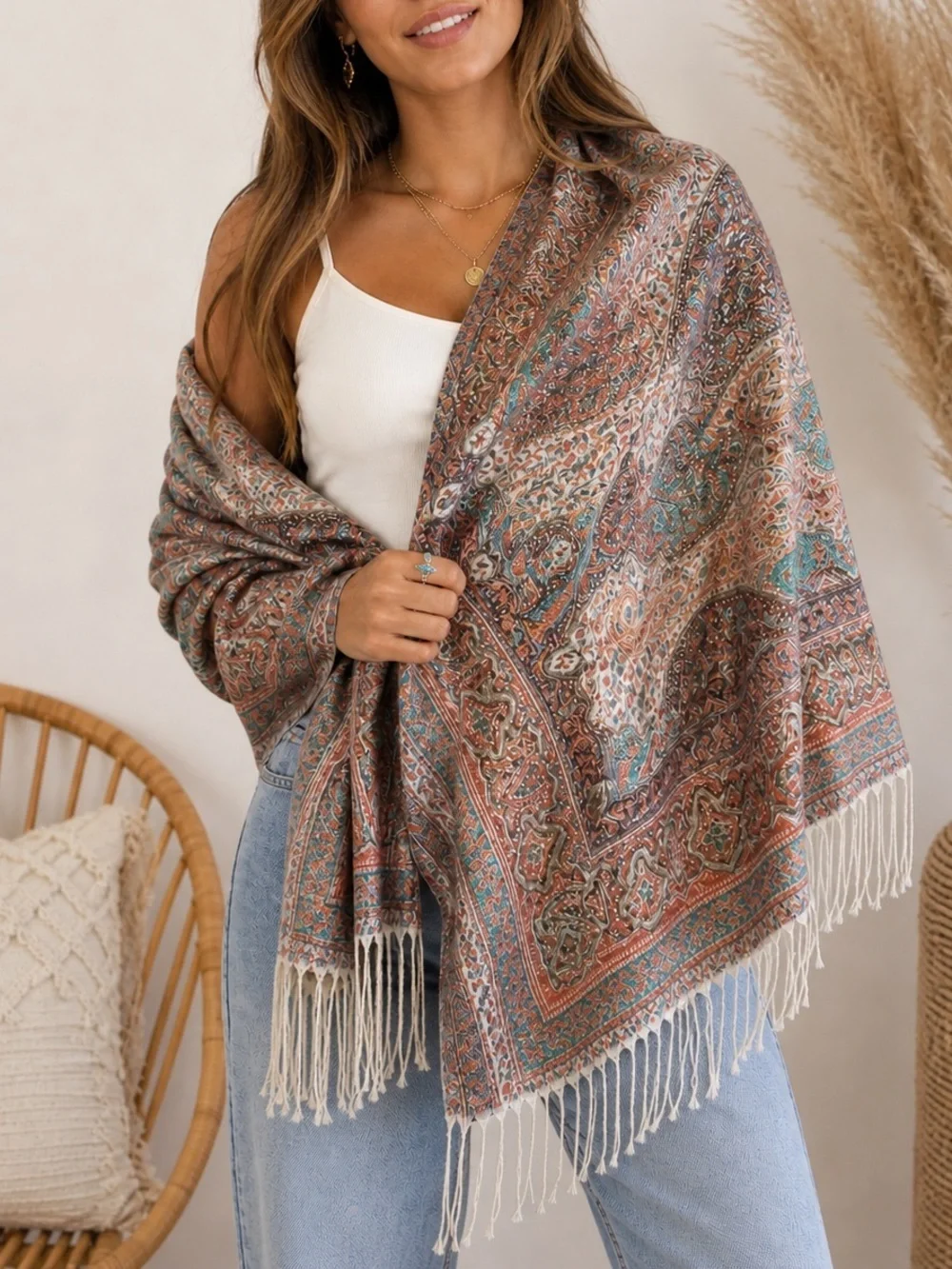 Sky Cashmere 100% Cashmere Scarf Wrap | Boho Paisley Embellished Fringe Shawl